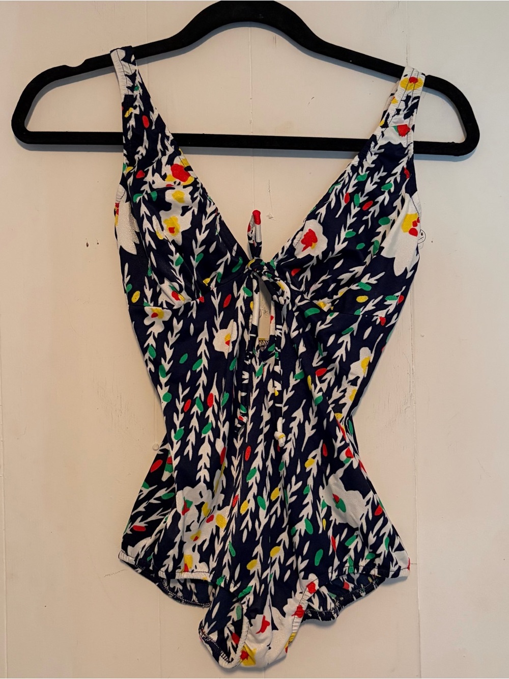 Multicoloured floral one piece 70s vintage swimsuit with tie front and keyhole